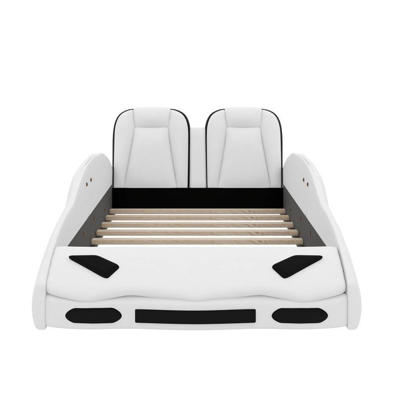 Twin Race Car-Shaped Platform Bed With Wheels, White