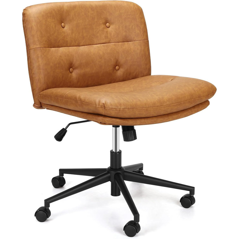 63.5CM Wide Cross Legged Office Chair Rolling Armless Office Chair,Ergonomic PU Office Chairs with Fabric Padded,Height Adjustable Wide Seat Swivel Vanity chairs for (Brown)