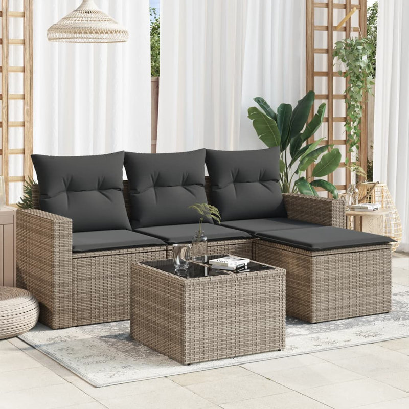  Garden Sofa Set Grey PE Rattan, Powder-Coated Steel, Tempered Glass, Gray, Dark Gray