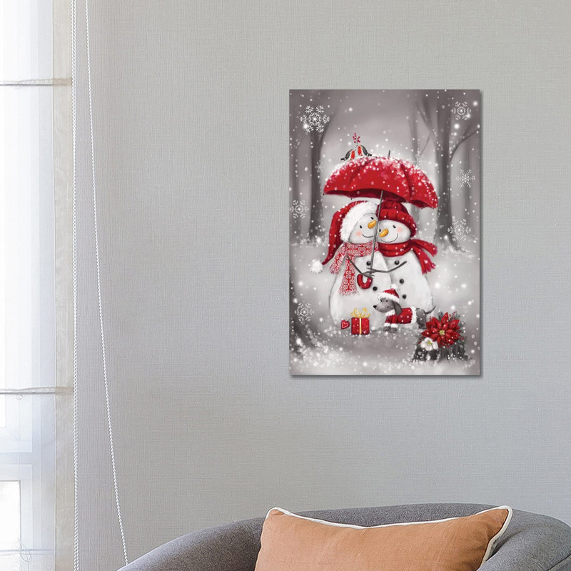 «Snowmen with Umbrella IV» par Makiko - impression sur toile tendue, H 26 po x l 18 po x 1,5 po