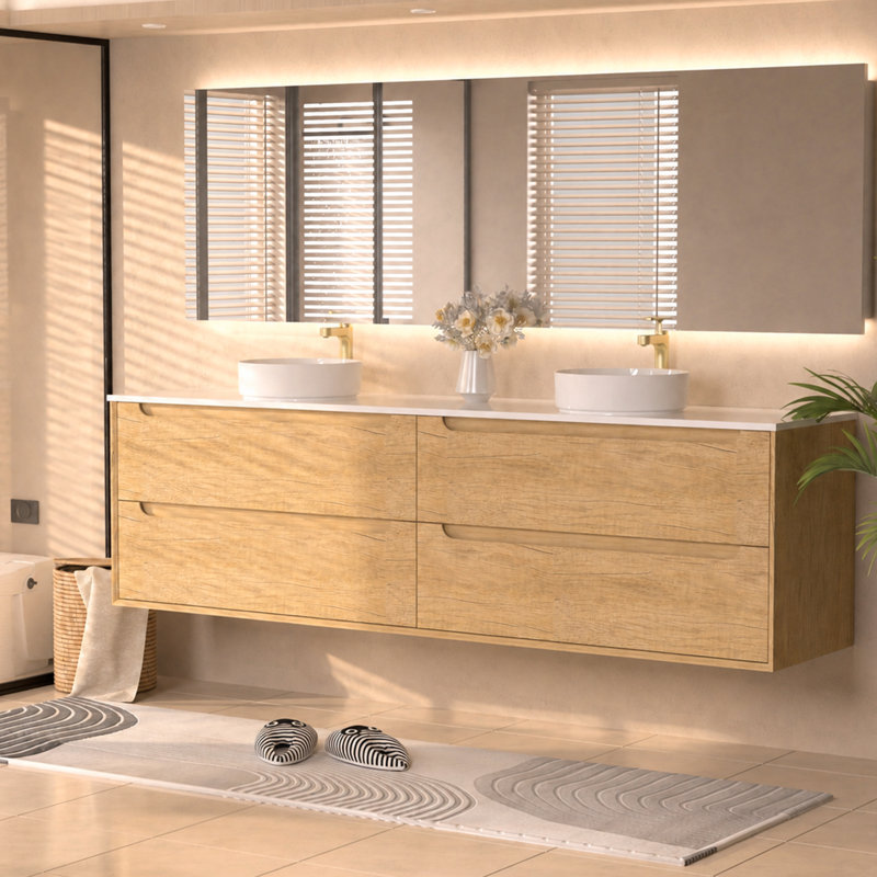 Meuble-lavabo double 84 po avec comptoir en pierre de quartz blanc et lavabos ronds en céramique 84 po, Rond