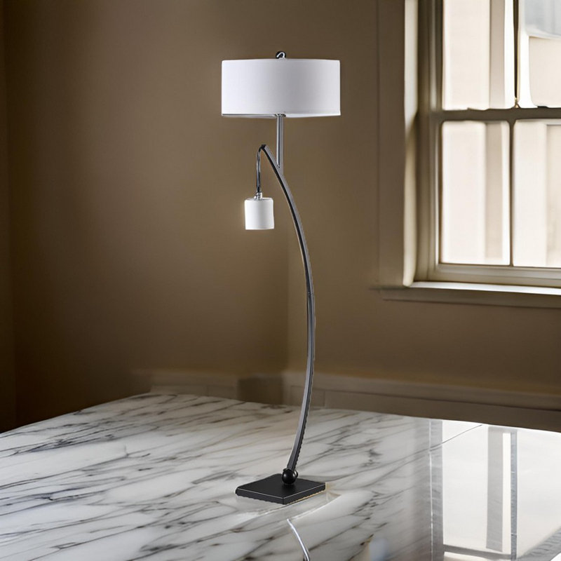 Lampe sur pied à arc 59 po Ginel, conception suspendue, 2 abat-jours cylindriques blancs, noir, Argenté