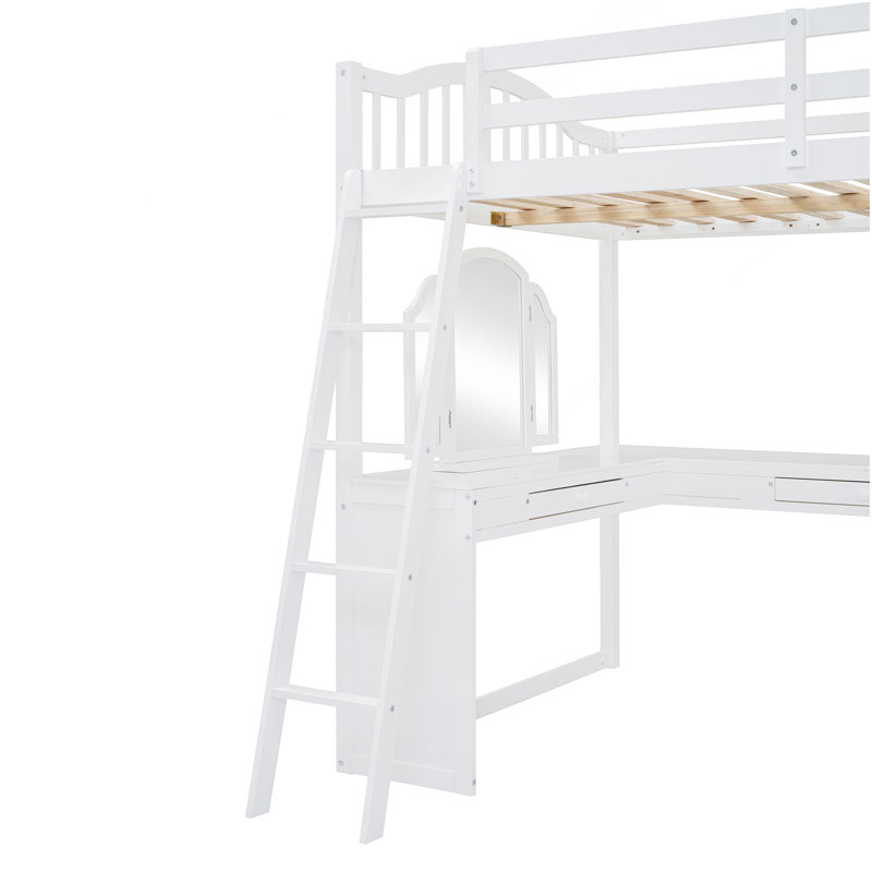 Lit mezzanine double en bois avec bureau en U, compartiments de rangement et miroir à trois volets, blanc