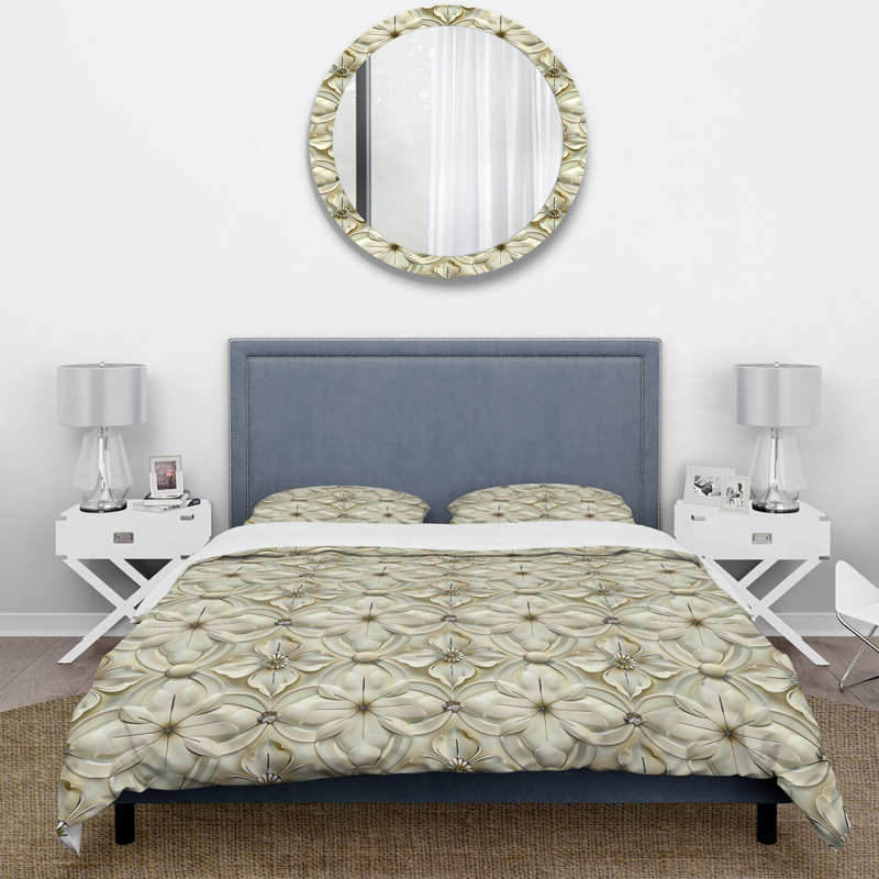 Ensemble de housse de couette Beige White Floral Mosaic III - Traditional, Housse de couette simple et deux taies décorative