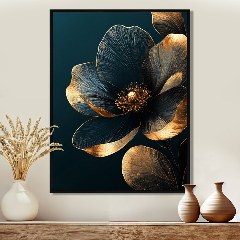 Art mural sur toile, pivoines dorées et noires de Kunze, Noir, Impression encadrée flottante, H 20 po x l 12 po