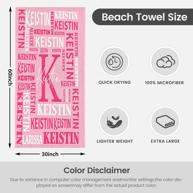  Serviette de plage personnalisée avec nom, serviette de bain en microfibre 30 * 60 pouces personnalisée rose, Rose