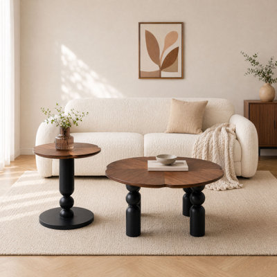 Nesting Coffee Table Set of 2, Multifunctional Round Coffee Table & Side Table Set Small Wooden Center Tables for Small Spaces