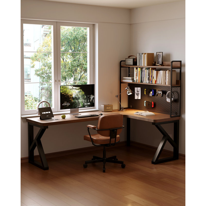 Combinaison de bureau et d'étagère en L en bois massif, H 66,93 po x l 55,12 po x P 47,24 po