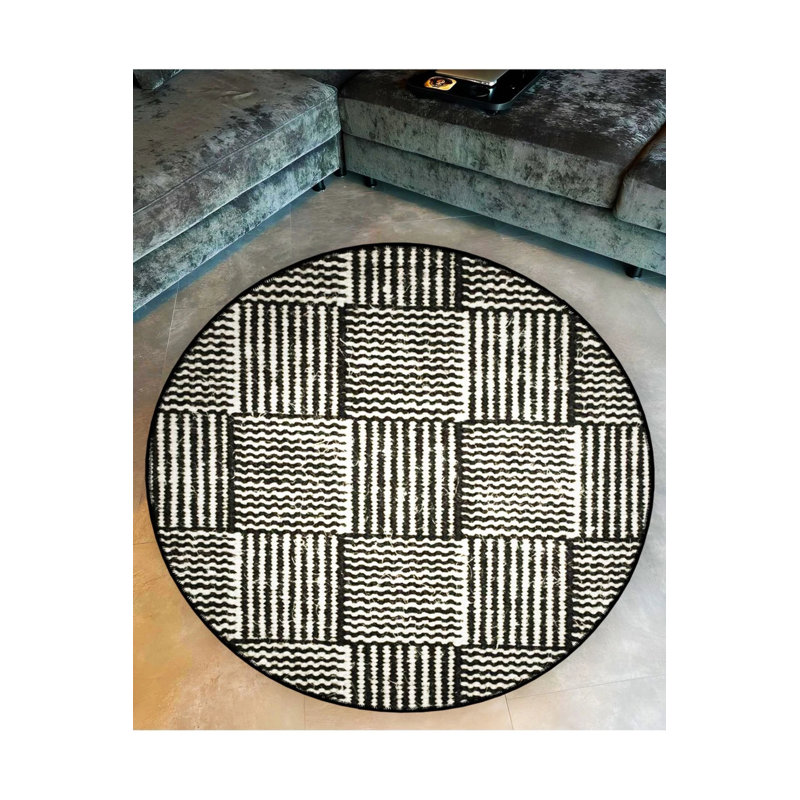 Black And White Jute Look Stripe Patterned Woven Base Decorative Carpet, Round 5'