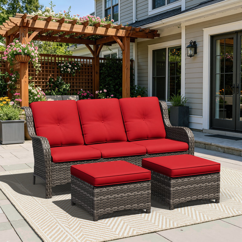 73'' Wide Wicker Patio Sofa with Cushions, Red