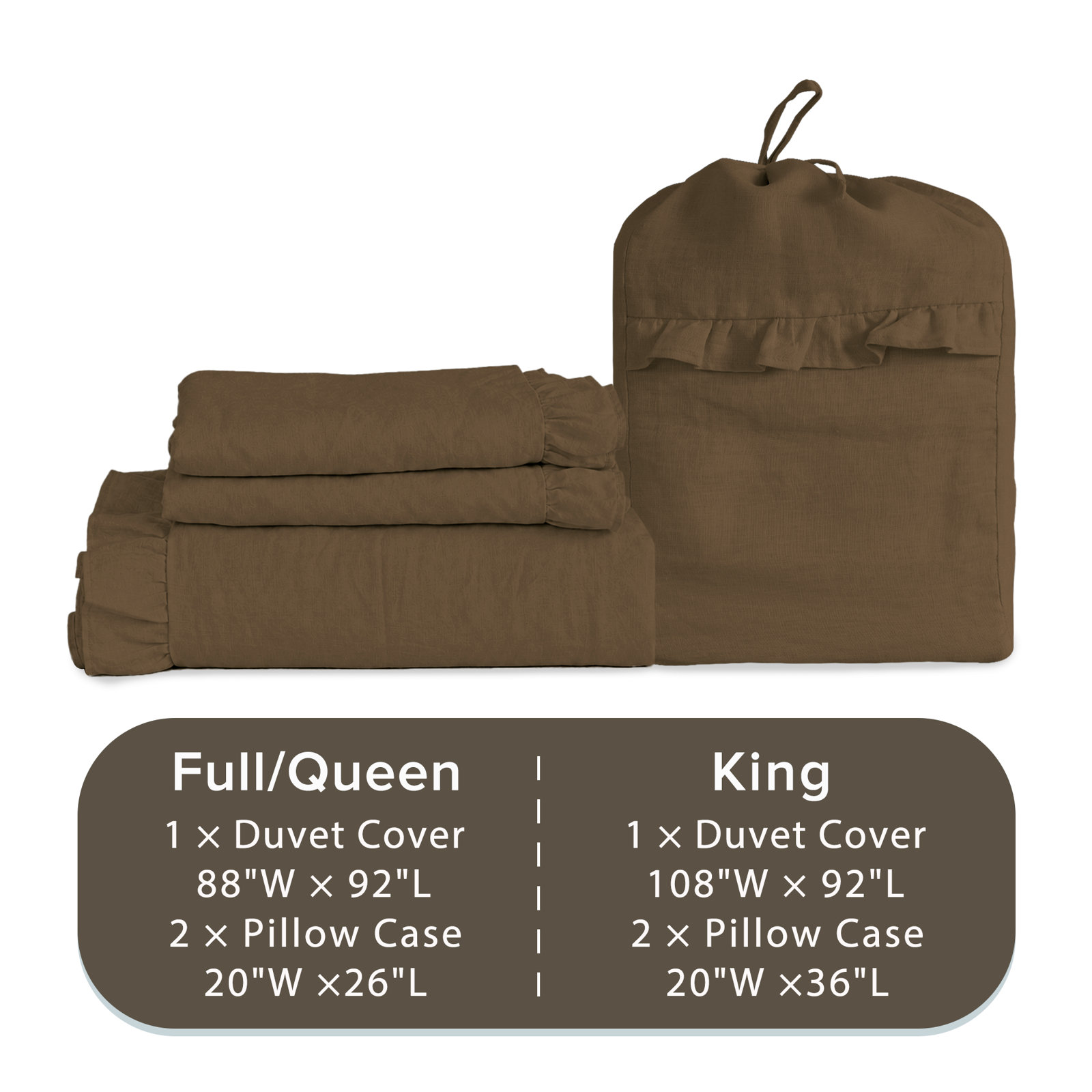Clara 100% French Linen Breathable Ruffle Duvet Cover Set, King, Cocoa
