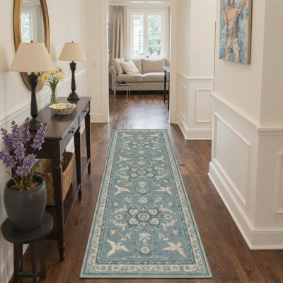 Aarna Bird & Floral Machine Washable Green / Beige Indoor Area Rug with Non-Slip Backing