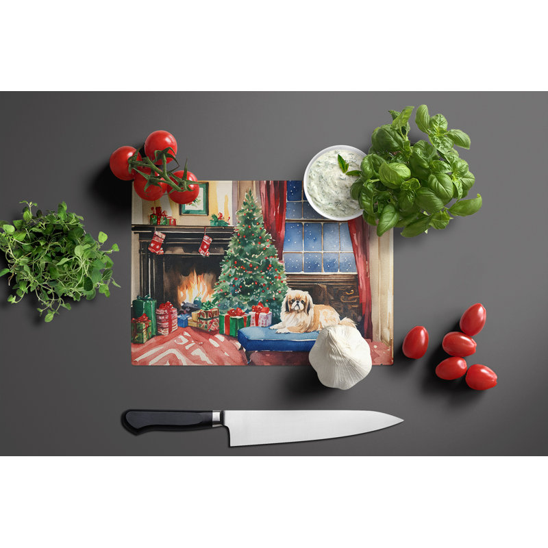 Pekingese Cozy Christmas Glass Cutting Board Large