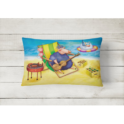  Pig Sunbathing on the Beach Fabric Indoor/Outdoor Throw Pillow