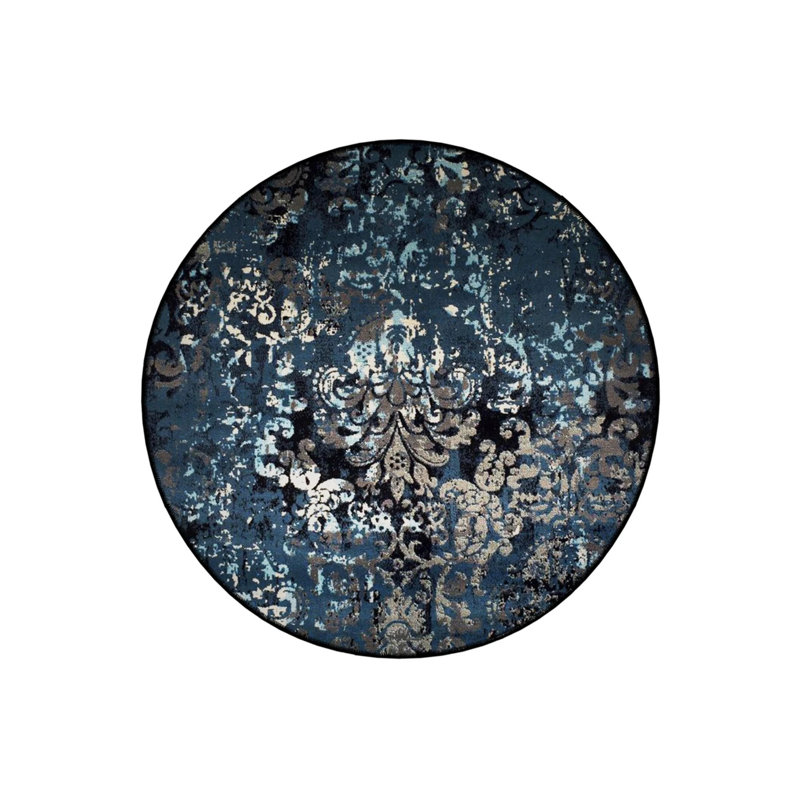 Navy Blue Beige Ethnic Pattern Detailed Woven Base Modern Decorative Carpet, Round 2'8"