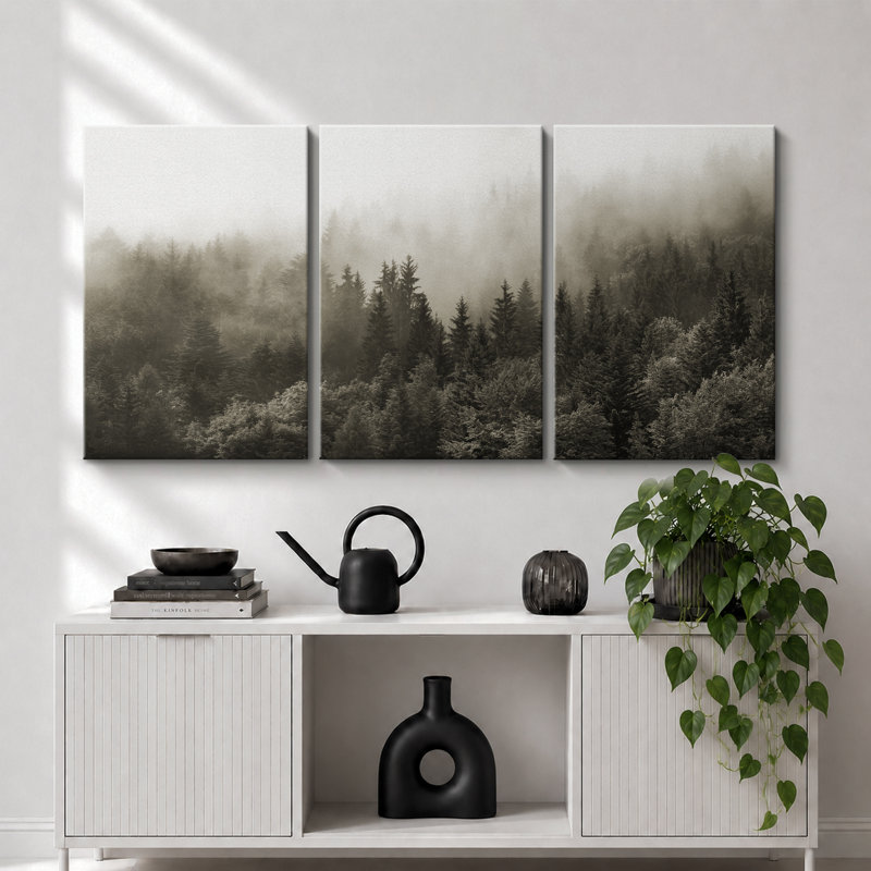 «Misty Forest Landscape», œuvre d'art de pin naturel, décor de chambre d'enfant moderne Woodland, grand ensemble de 3 impressions murales sur toile,