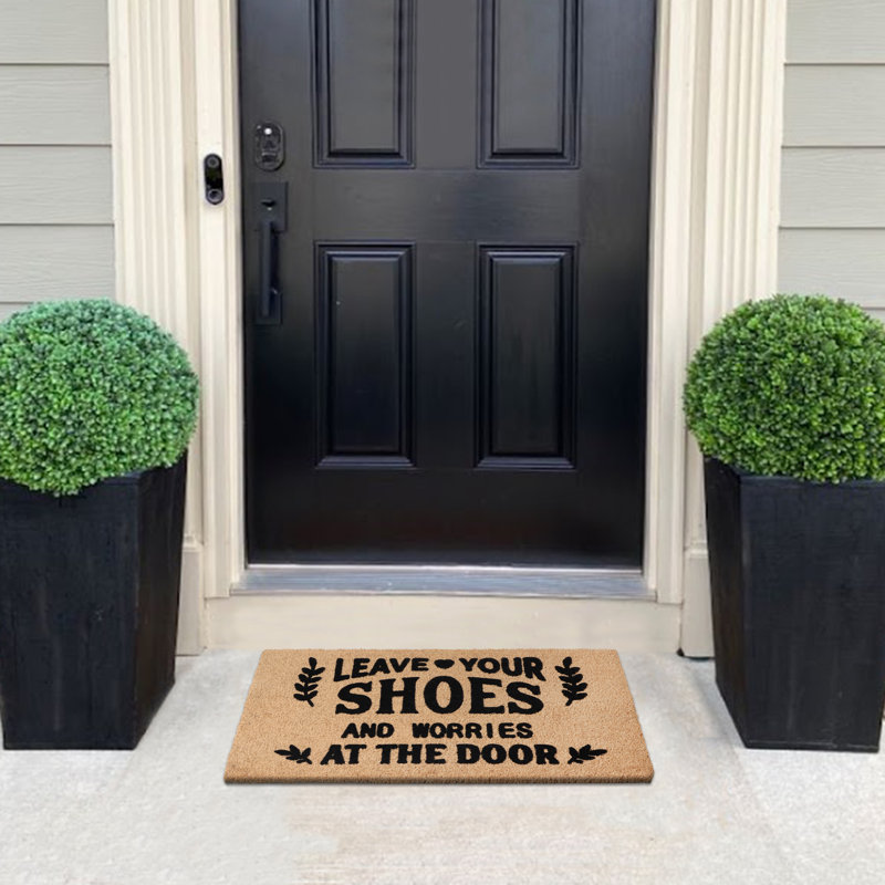 Natural Coir Flocked “Leave Your Shoes Black” Door Mat, Heavy-Duty Non-Slip PVC Backing, Low-Profile Outdoor Doormat