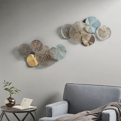 Metal Wall Ornament - 2 Multi Lily Pad Leaves, Aged & Gold, White, Brass, Indoor, Cut And Solid Keyhole Hanging Indoor Art Decor Finish In Hanger