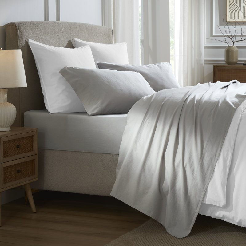 Carmen 100% Cotton Vintage Wash Boho Solid Deep Pocket Lightweight Percale Sheet Set, Silver