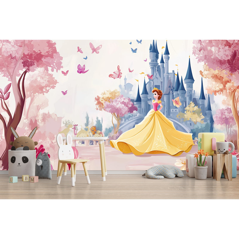Princess Castle And Butterflies Wallpaper – Fantasy Landscape Wall Mural, Fairytale Princess Dress And Castle Theme For Room Decor.