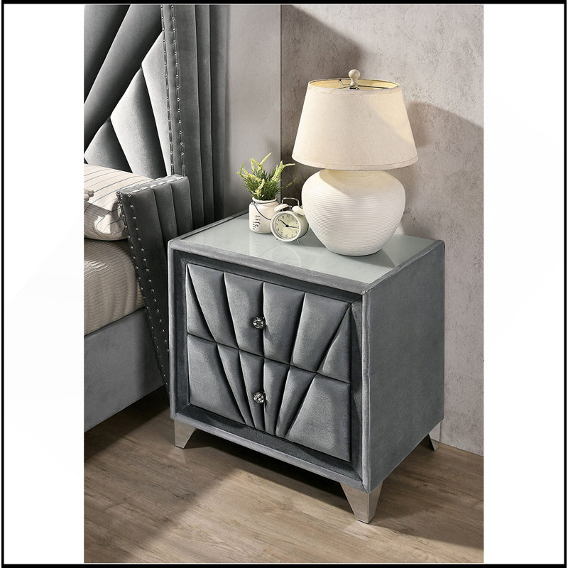 Table de chevet rembourrée en tissu avec 2 tiroirs, gris