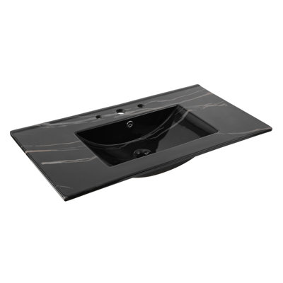 Ancillary 3-Hole 36 in. W x 18.25 in. D Classic Contemporary Rectangular Glossy Ceramic Single Sink Basin Bathroom Vanity Top, Black Marble Effect