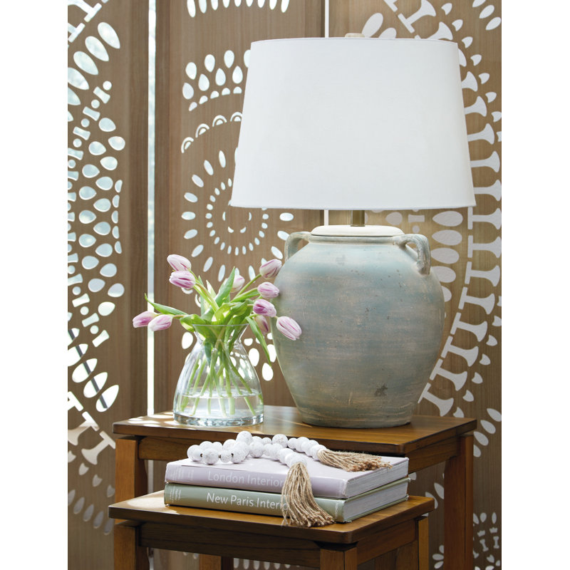 Antiqued Green Terra Cotta Table Lamp with Fabric Shade