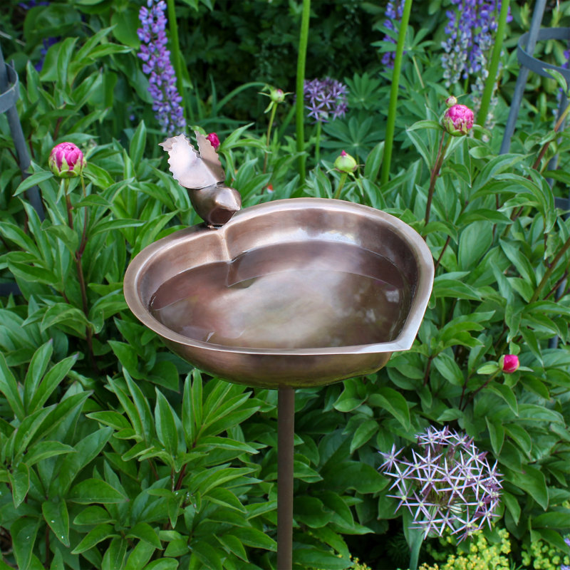 Antique Copper Heart Shaped Birdbath with Metal Stake