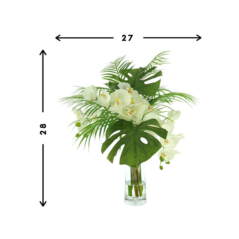 Tropical Floral Arrangement with Orchids and Palm Leaves