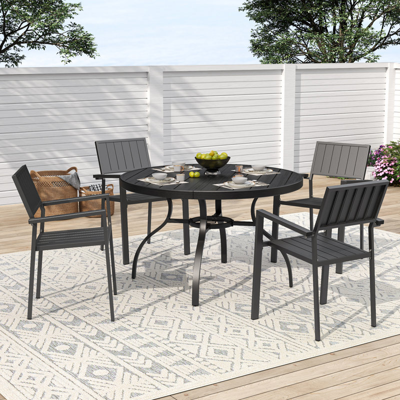 5-Piece Outdoor Patio Dining Set, 47" Round Wood-Grain Slat Table W/ Umbrella Hole + 4 Stacking Metal Chairs (350 Lbs Capacity), Rustproof, Breathable Design, 30-Min Assembly, Patio, Garden, Balcony
