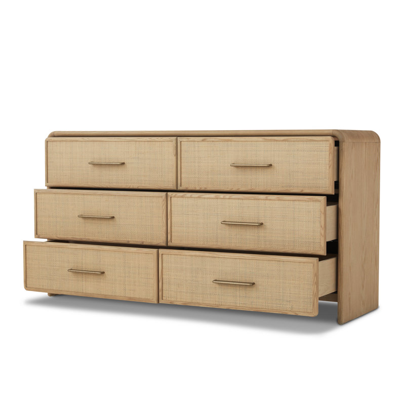 Commode 6 tiroirs en chêne et canne naturel Gasaway, Tanné