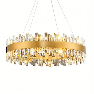 23.6 Inch Gold Dimmable Round K9 Crystal Chandelier with Adjustable Height for Dining Room Kitchen Bedroom