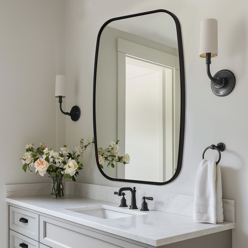 Miroir de salle de bain contemporain | Cadre épais en acier inoxydable, Noir mat, 40 po x 24 po