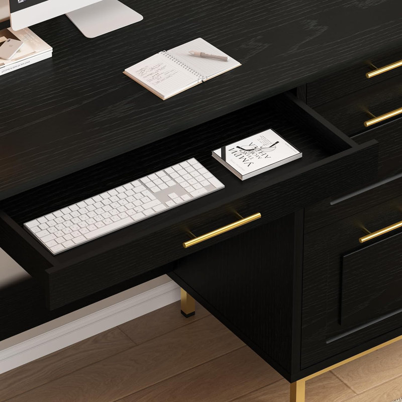 Bureau d'ordinateur rectangulaire avec tiroirs Hasib, Noir, noir, noir, noir