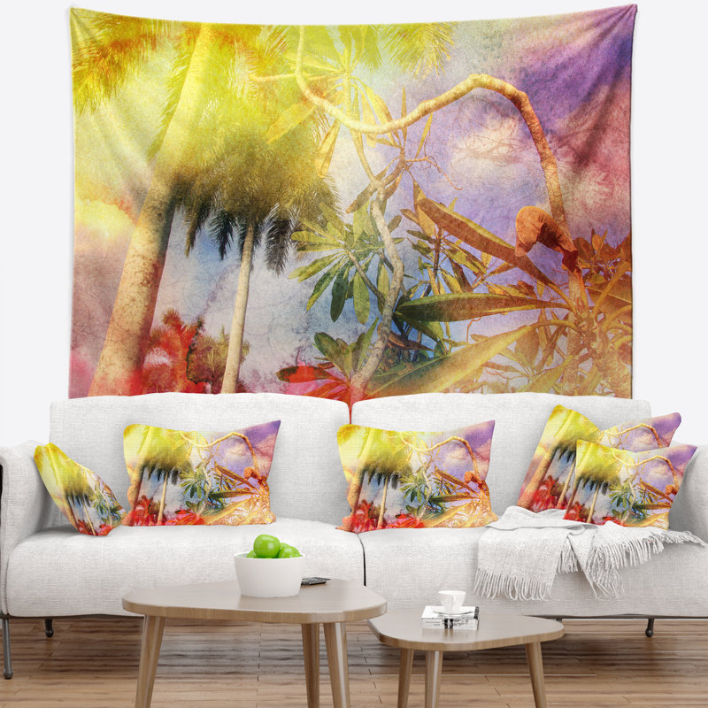 Tapisserie jaune rétro palmiers Landscape, H 32 po x l 39 po