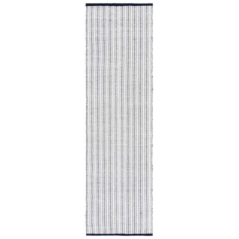909 Hand Woven Cotton/Wool Striped Rug , Runner 2'3" x 8', Navy/Ivory