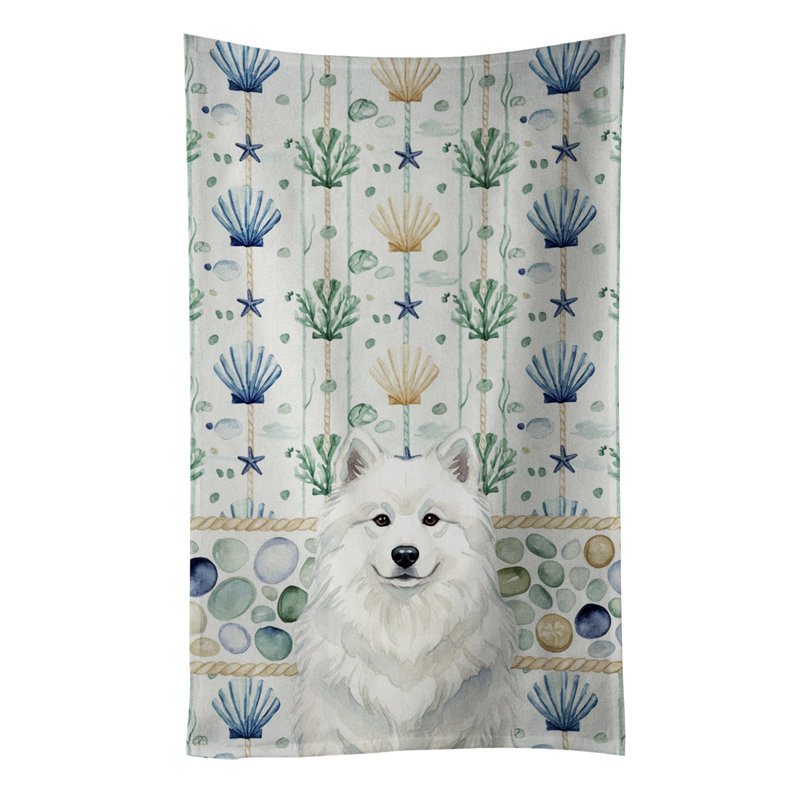 White Samoyed Coastal Sea Glass Kitchen Towel, White Samoyed