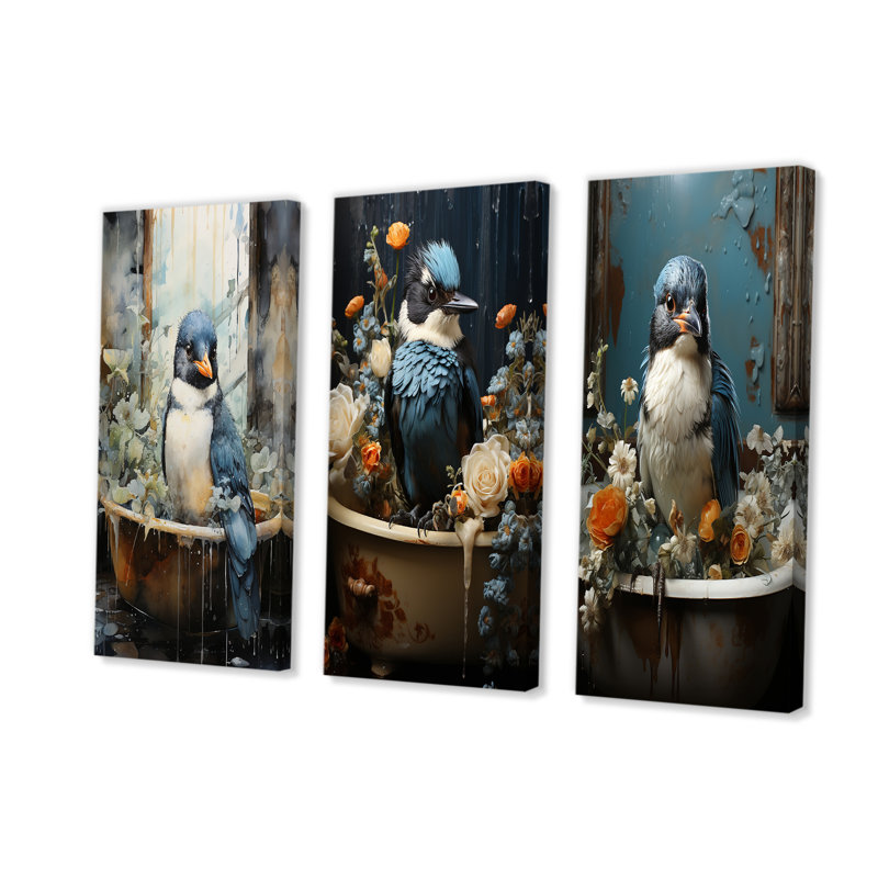 Oiseau dans une baignoire florale, H 28 po x l 36 po, Toile tendue