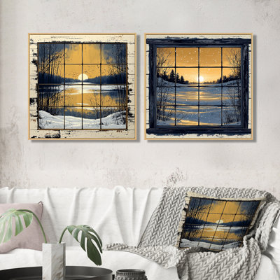 «Yellow Winter Winter Twilight Window Landscape I», art mural paysage d'hiver - art mural traditionnel sur toile 2 pièces
