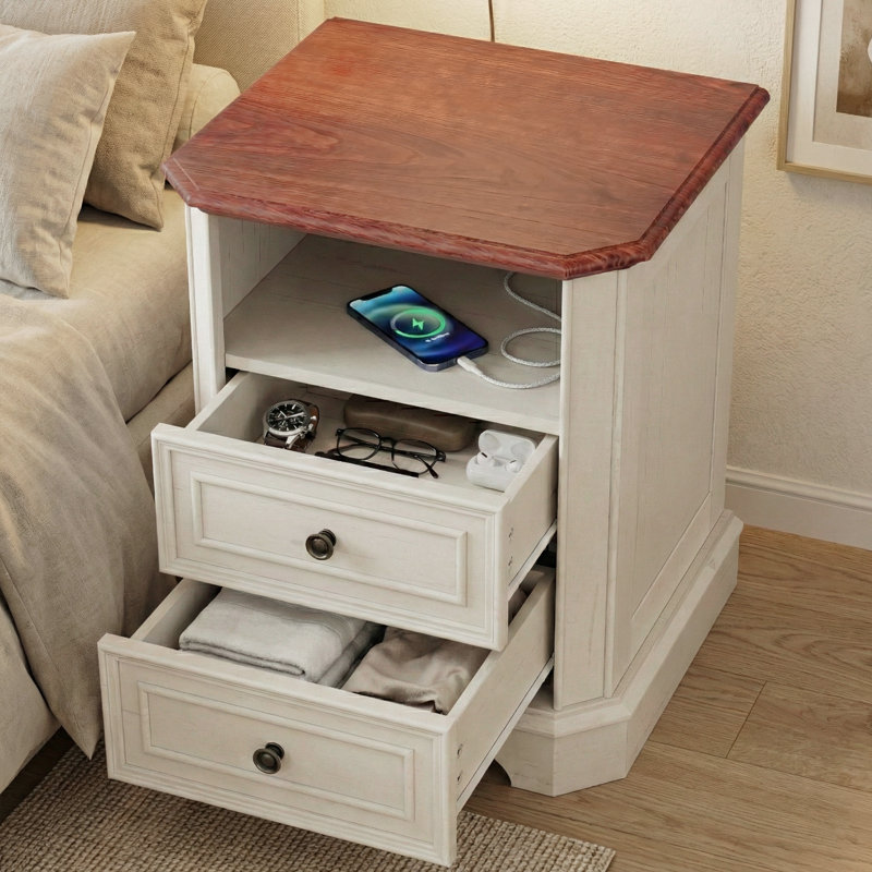 Table de chevet 24 po avec station de charge 24 po, Blanc patiné, Individual