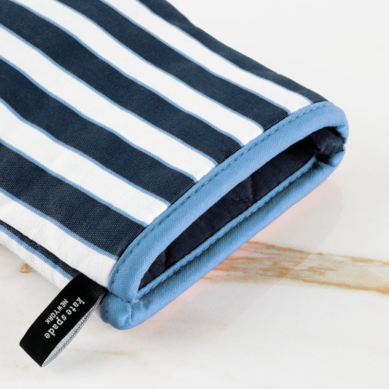KATE SPADE NEW YORK Botanical Stripe Mini Oven Mitt 2-Pack Set, Heat Resistant, 100% Cotton, French Navy, 5.5"x8"