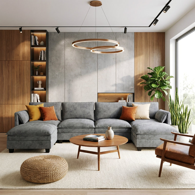 141.5'' U-Shaped Upholstered Sofas with Movable Ottoman, Gray