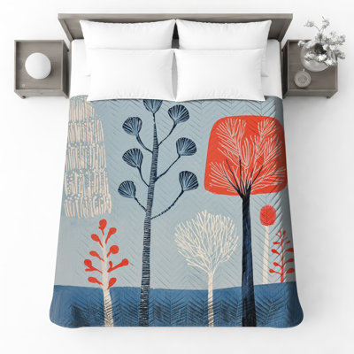 Blue Red Abstract Trees Quilted Bedspread 