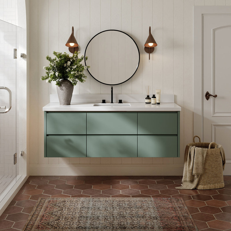   Setsuko 61 Inch Wall-Mounted Single Rectangle Sink Bathroom Vanity with Pure White Quartz Countertop 1.5 Inch in Vintage Green