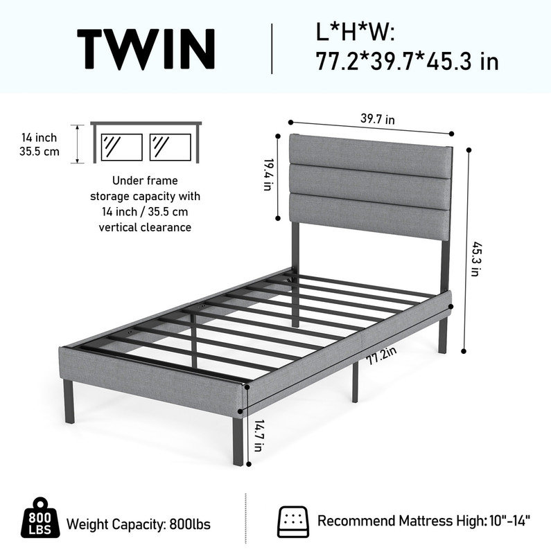 Structure de lit simple tapissier moderne avec tête de lit, sans sommier, rangement sous le lit 14 po