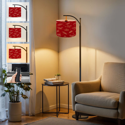  Arc Floor Lamp Hand Drawn Christmas Holly Leaves Baubles Gift Boxes Red Tall Modern Standing Lamp LED Adjustable Linen Lampshade 3 Color Temperatures