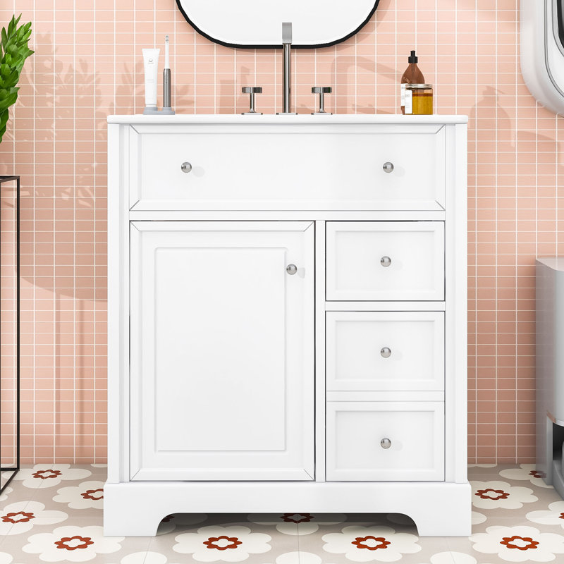 Armoire de meuble-lavabo 24 po avec lavabo en céramique, 2 tiroirs et porte à fermeture en douceur, Blanc