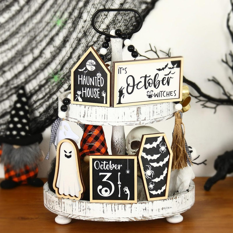 Ensemble de 6 décorations de plateaux à étages pour Halloween - Ensemble de maisons hantées, chauves-souris et fantômes le 31 octobre