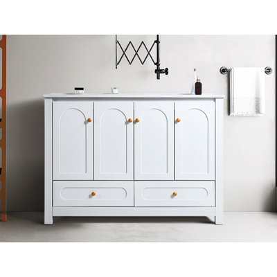 Meuble-lavabo blanc 48 po avec lavabo en céramique - Armoire de rangement abondante 4 portes à fermeture douce et 2 tiroirs Cadre en bois massif Robuste lavabo pour un nettoyage simple Combinaison de fonctions silencieuses