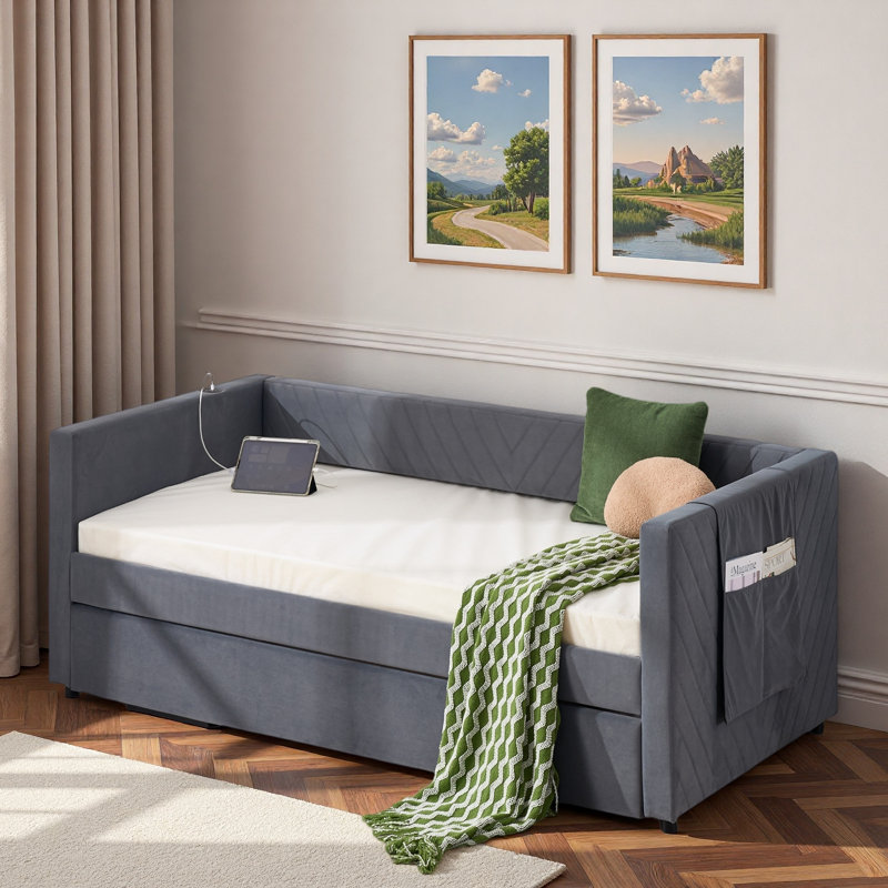 Upholstered Daybed With Trundle, Usb Port And Side Pockets, Gray